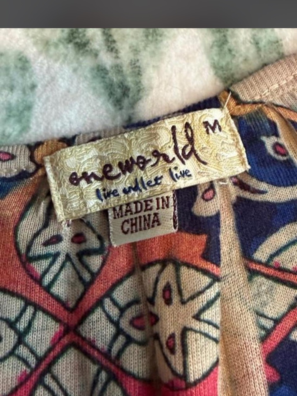 ONE WORLD Short Sleeve Boho Top in Blue and Cream with Pink Accent - Picture 2 of 5